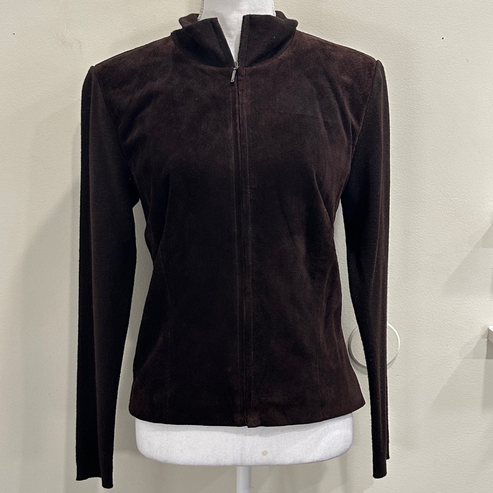 Y2K Mossimo Suede Leather Wool Blend Knit Zip Up Jacket Brown Small Boho Western
